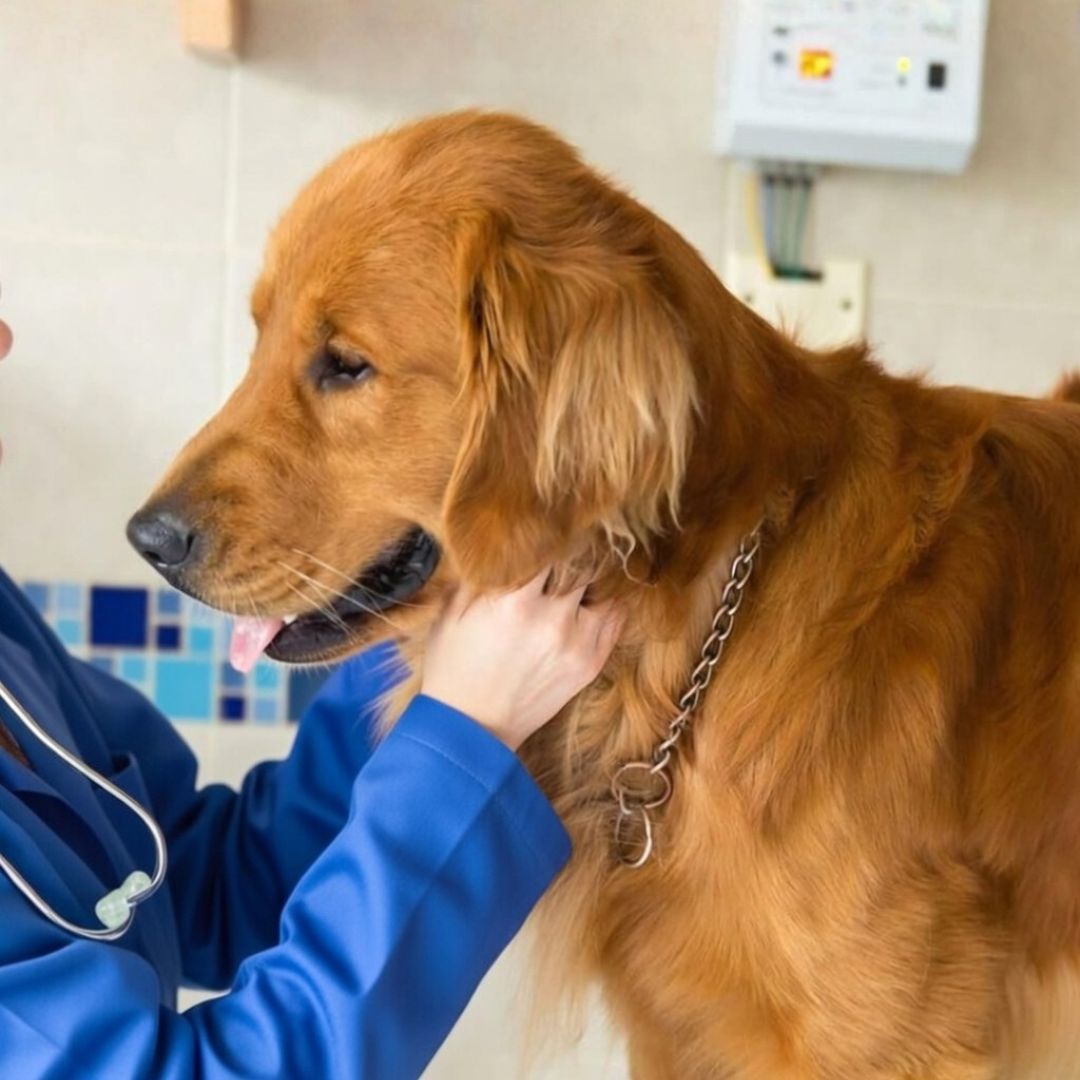 A-vet-with-brown-furry-happy-dog A vet with brown furry happy dog